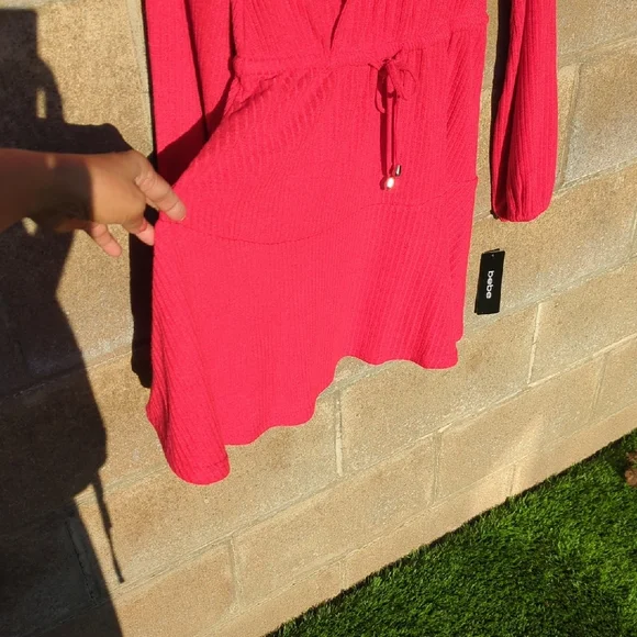 Bebe Surplice Neck Flare Knit Dress Red Medium NWT